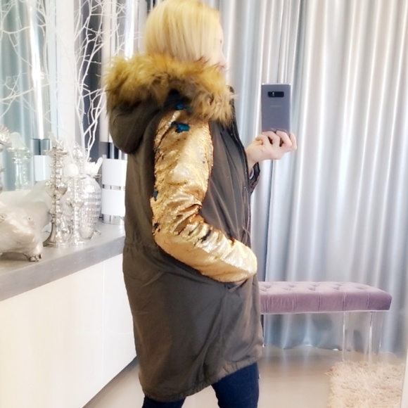 Olive Parka with Sequin Sleeves - Picture 4 of 4